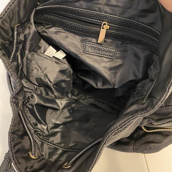 Neiman Marcus Designer Backpack Black PVC Nylon Travel Day Bag Silvertone Logo - Picture 9 of 11